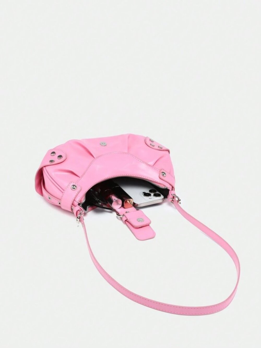 Pink Studded Baguette Bag Y2K Punk Vegan Leather Zip Shoulder Purse - Picture 5 of 6